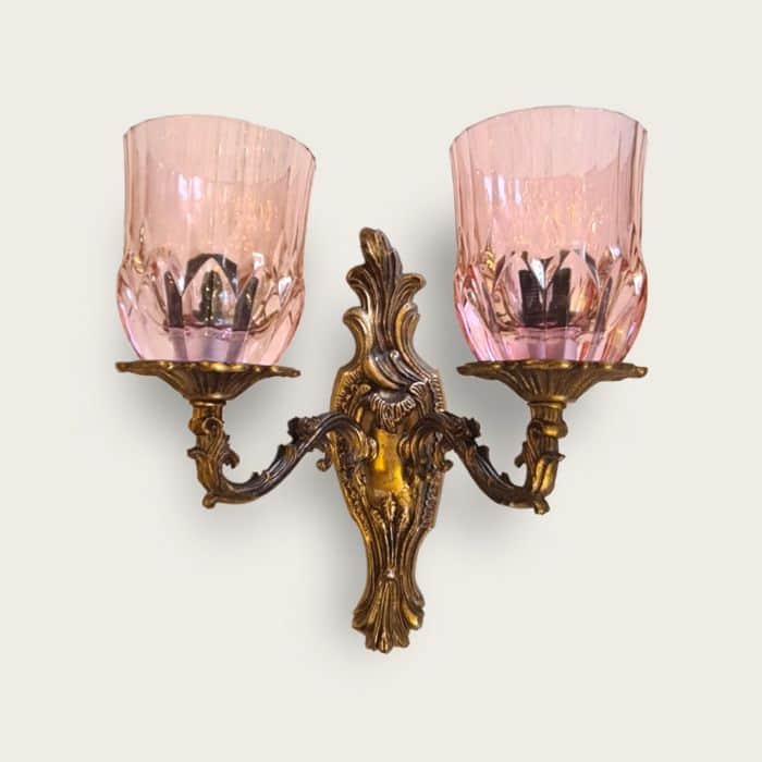 מנורת קיר ברונזה קנים זוגית עם קריסטל צ'כי ורוד